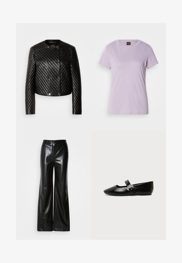 Chaqueta de cuero acolchada negra con cuello redondo, mangas largas y cierres a presión, con patrones de costura en diagonal y un diseño corto.; Camiseta de algodón color púrpura claro con cuello redondo, mangas cortas y un sutil logo en escritura decorado con strass en el pecho.; Pantalones de piel negros de pierna ancha con textura suave, cintura alta y cierre frontal oculto. Ajuste entallado con un acabado limpio.; Zapato plano Mary Jane de cuero negro con punta redondeada y hebilla plateada sobre un fondo liso.