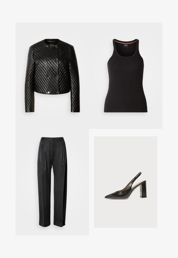 Chaqueta de cuero acolchada negra con cuello redondo, mangas largas y cierres a presión, con patrones de costura en diagonal y un diseño corto.; Camiseta de tirantes negra con textura acanalada y cuello redondo. Presenta un ajuste ceñido y un detalle en naranja en el cuello. Logotipo de la marca bordado sutilmente en el frente.; Pantalones negros de pernera ancha hechos de tela suave, con pliegues frontales, cremallera y diseño clásico de cinturilla.; Zapato de mujer slingback de piel negra con puntera puntiaguda y tacón alto grueso de bloque sobre fondo blanco.