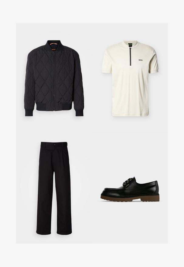 Sort quiltet bomberjakke med ribbet krave og manchetter, struktureret diamantmønster og frontlynlås. Branding på den indre hals.; Off-white kortærmet poloshirt med sort halvlyn og "BOSS"-logo på venstre bryst mod en ensfarvet baggrund.; Sorte bukser lavet af glat stof, med lige ben, frontfolder og en enkelt knaplukning i taljen.; Sort lavskåret lædersko med tyk brun rillede sål, snørefor og guld "Hugo" logo på sidepanelet.