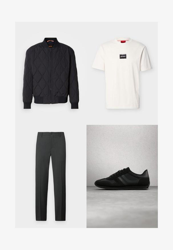 Sort quiltet bomberjakke med ribbet krave og manchetter, struktureret diamantmønster og frontlynlås. Branding på den indre hals.; Hvid kortærmet T-shirt med rund hals og en lille sort rektangulær patch med hvid "HUGO" tekst på brystet.; Skræddersyede mørkegrå bukser lavet af et glat stof. Har en knaplukning, bæltestropper og lige ben for en klassisk pasform.; Sort atletiksko med glat læder- og mesh-overdel, snørelukning og diskret branding på siden og tungen. Gummisål.