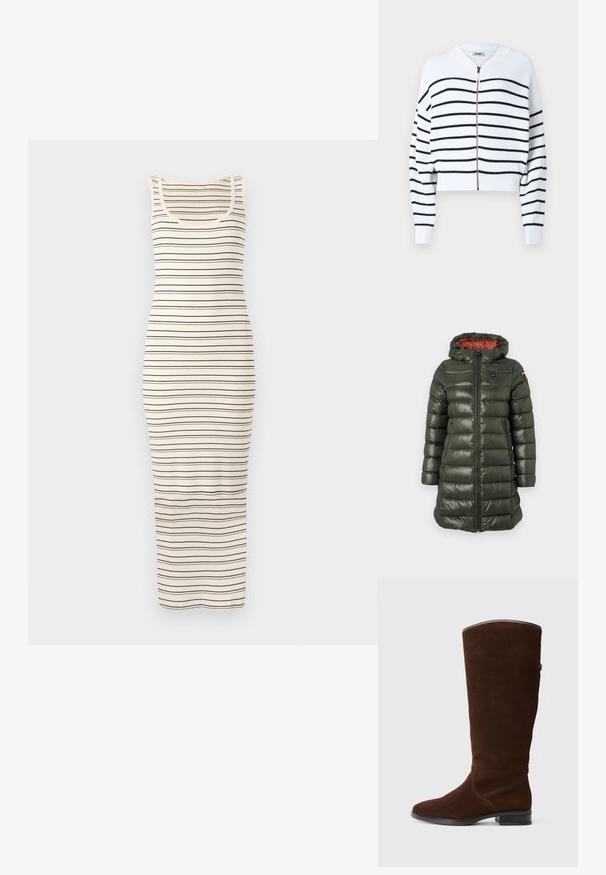 Padded Jacke in Olivgrün mit glänzender Oberfläche, ausgestattet mit Kapuze, Frontreißverschluss, Seitentaschen und kontrastierendem roten Innenfutter.; Weißer, verkürzter Pullover mit schwarzen horizontalen Streifen, gerippter Textur, Reißverschluss vorne und rundem Halsausschnitt. Besitzt überschnittene Schultern und enganliegende Bündchen.; Gestreift ärmelloses Maxikleid in Creme und Marineblau. Verfügt über eine figurbetonte Silhouette, gerippte Textur und runden Ausschnitt.; Braune Wildleder-Kniestrümpfe mit runder Zehenpartie, dezentenNähten und einem niedrigen Blockabsatz. Glatte Fütterung am oberen Rand.