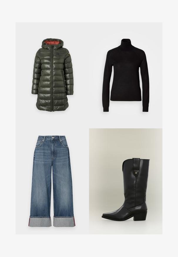 Veste rembourrée de couleur vert olive avec une finition brillante, dotée d'une capuche, d'une fermeture éclair à l'avant, de poches latérales et d'une doublure rouge contrastante.; Pull à col roulé noir en tissu tricot léger. Avec des manches longues et une silhouette ajustée dotée de coutures raglan.; Jean en denim large de couleur bleu moyen, avec taille haute, cinq poches, coutures contrastées et ourlets retroussés avec des accents rouges.; Botte de cow-boy haute en cuir noir avec bout pointu, talon épais et languette avec un petit logo doré.