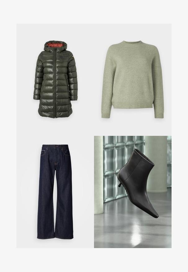 Padded Jacke in Olivgrün mit glänzender Oberfläche, ausgestattet mit Kapuze, Frontreißverschluss, Seitentaschen und kontrastierendem roten Innenfutter.; DRYKORN PEMIRI - Strickpullover - green; Weite dunkelblaue Jeans mit hoher Taille, vorderen Taschen und subtilen Nähdetails. Glatte Textur mit klassischem Schnitt.; Schwarzer Leder-Knöchelstiefel mit spitzer Spitze und kleinem Absatz vor einer Wand aus Glasbausteinen und einem polierten Boden.