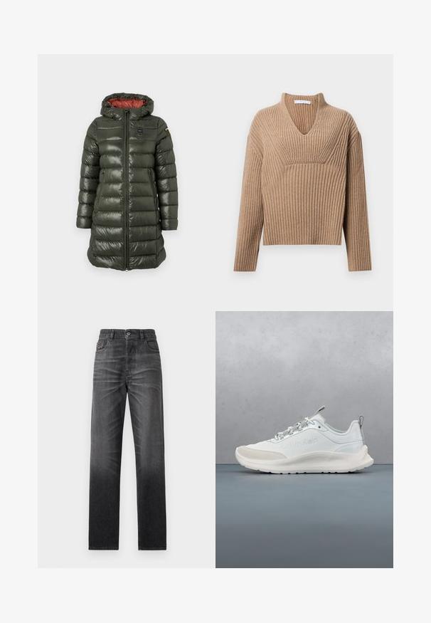 Padded Jacke in Olivgrün mit glänzender Oberfläche, ausgestattet mit Kapuze, Frontreißverschluss, Seitentaschen und kontrastierendem roten Innenfutter.; Beige gerippter Strickpullover mit tiefem V-Ausschnitt, langen Ärmeln und einem strukturierten Paneel auf der Brust. Kürze mit lockerer Passform.; Schwarze Jeans aus Denim mit geradem Schnitt, fünf Taschen und dezentem Ausbleichen. Ausgestattet mit einem Knopfverschluss und einem gestickten Logo auf der Tasche.; Weißer Calvin Klein Sneaker mit klobiger Sohle, Schnürsenkeln und Logo an der Seite, schweben über Terrakottafliesen und Kieselboden im Freien.