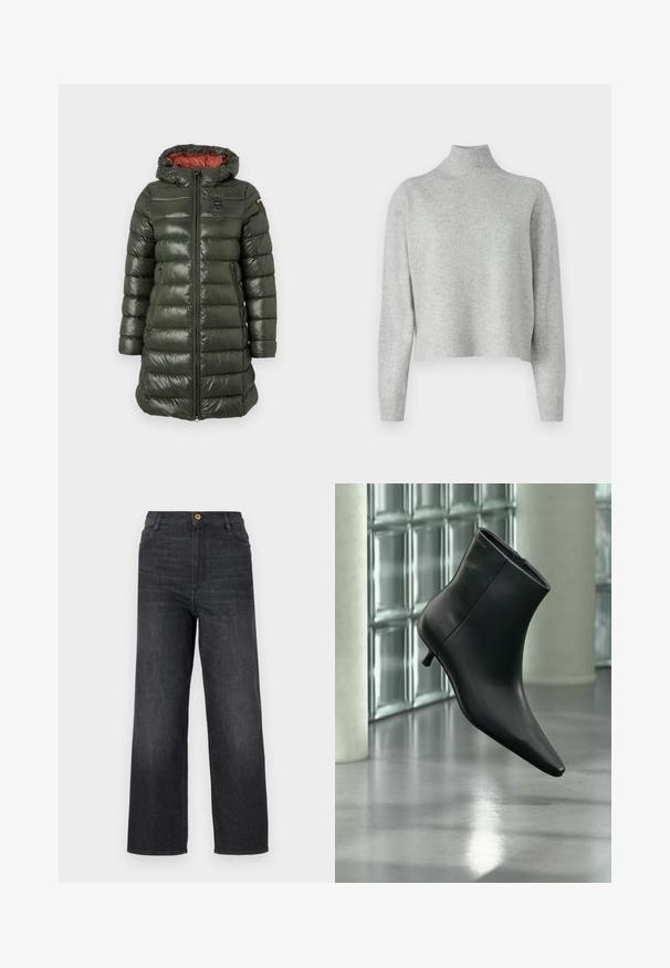 Veste rembourrée de couleur vert olive avec une finition brillante, dotée d'une capuche, d'une fermeture éclair à l'avant, de poches latérales et d'une doublure rouge contrastante.; Pull à col roulé gris clair en tricot doux, avec des manches longues et un ourlet et des poignets côtelés. Pas de motifs ni de détails en matériel.; Jeans en denim gris foncé avec une coupe droite, dotés d'une fermeture à bouton à l'avant, de cinq poches et d'un léger délavage le long des jambes.; Bottine en cuir noir à bout pointu et petit talon kitten, présentée en angle devant un sol poli et un mur en blocs de verre.