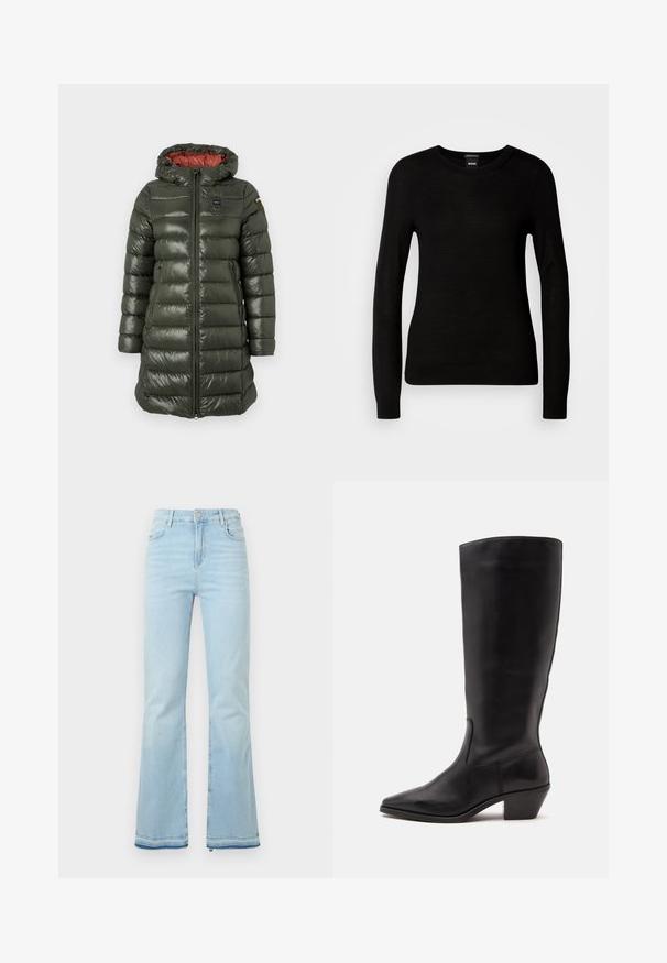 Padded Jacke in Olivgrün mit glänzender Oberfläche, ausgestattet mit Kapuze, Frontreißverschluss, Seitentaschen und kontrastierendem roten Innenfutter.; Schwarzer Pullover aus feinem Strickmaterial, mit rundem Halsausschnitt und langen Ärmeln mit enganliegenden Bündchen. Keine sichtbaren Muster oder Verzierungen.; Hellblaue Schlagjeans aus Denim, mit hoher Taille, Vordertaschen und einem rohen Saum an den Bündchen für einen lässigen Look.; Schwarzer Lederstiefel bis zur Wade mit spitzer Spitze und niedrigem schrägem Absatz vor einfachem hellem Hintergrund.