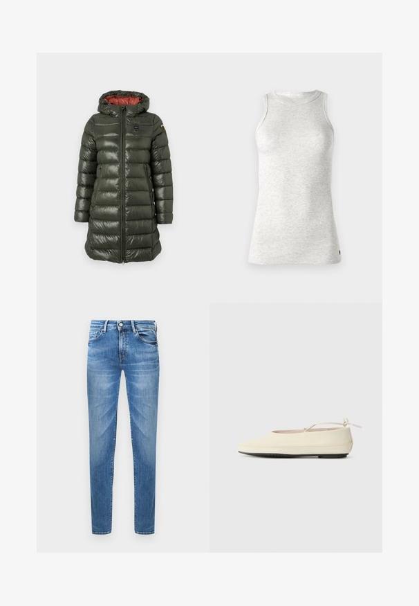 Polstret jakke i olivengrøn med en blank overflade, der har hætte, frontlynlås, sidelommer og kontrasterende rød foring.; Replay Top - super light grey; Lyseblå denimjeans med slim fit. Funktioner inkluderer en knaplukning, fem lommer og en slidseffekt på lårene.; Cremefarvede flade sko med rund tå, ankelrem og kontrasterende sort gummisål. Glat materiale med minimal detaljer.