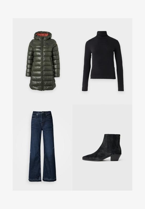 Veste rembourrée de couleur vert olive avec une finition brillante, dotée d'une capuche, d'une fermeture éclair à l'avant, de poches latérales et d'une doublure rouge contrastante.; Haut turtleneck noir à manches longues, fabriqué à partir d'un tissu doux et extensible. Présente un col montant et une silhouette ajustée sans embellissements.; Jean taille haute à jambes larges en denim foncé. Caractéristiques : ourlets effilochés et design à cinq poches avec surpiqûres visibles.; Bottine noire à bout pointu, en matériau texturé imitant les cheveux, avec un panneau latéral à nervures et un petit talon carré. Un design simple et moderne.