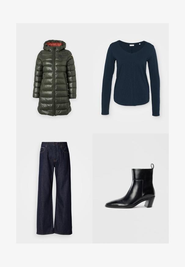 Padded Jacke in Olivgrün mit glänzender Oberfläche, ausgestattet mit Kapuze, Frontreißverschluss, Seitentaschen und kontrastierendem roten Innenfutter.; Langärmliges navy T-Shirt mit V-ausschnitt, aus weichem Stoff mit leicht strukturiertem Muster und abgerundetem Saum.; Weite dunkelblaue Jeans mit hoher Taille, vorderen Taschen und subtilen Nähdetails. Glatte Textur mit klassischem Schnitt.; Schwarze Leder-Ankleboots mit spitzem Zeh, geometrischem Blockabsatz und einem Zugband hinten. Glatte Textur und elegantes Design.