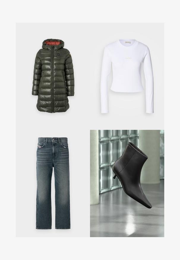 Polstret jakke i olivengrøn med en blank overflade, der har hætte, frontlynlås, sidelommer og kontrasterende rød foring.; Hvid langærmet crop top med et diskret Calvin Klein-logo i midten, præsenteret på en lys grå baggrund.; Mørkeblå lige jeans med en falmet tekstur, fem-lomme design og en lille logodetalje på forsiden lommen.; Sort læderankelstøvle med spids tå og lille hæl vist mod en væg af glasblokke og poleret gulv baggrund.