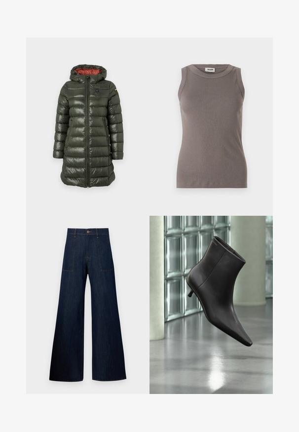 Veste rembourrée de couleur vert olive avec une finition brillante, dotée d'une capuche, d'une fermeture éclair à l'avant, de poches latérales et d'une doublure rouge contrastante.; Débardeur gris côtelé avec un col rond et un design sans manches, fabriqué à partir d'un tissu doux et texturé. Silhouette simple et ajustée.; Jean large en denim bleu foncé, avec deux poches avant, des coutures visibles et une fermeture par bouton à la taille.; Bottine en cuir noir avec bout pointu et petit talon, présentée devant un mur en blocs de verre et un sol poli.