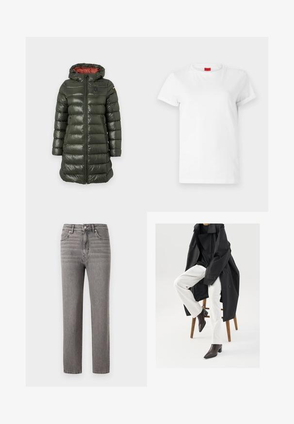 Padded Jacke in Olivgrün mit glänzender Oberfläche, ausgestattet mit Kapuze, Frontreißverschluss, Seitentaschen und kontrastierendem roten Innenfutter.; Weißes Kurzarm-T-Shirt aus leichtem Baumwollstoff. Hat einen runden Halsausschnitt und umgeschlagene Ärmel. Rotes Logo-Tag am Kragen.; Graue Jeans aus Denim mit einem geraden Schnitt, mittelhoher Taille, fünf Taschen und subtilen vertikalen Nähdetails. Glatte Textur und leicht.; Schwarzer, oversized Trenchcoat über einem schwarzen Top, kombiniert mit weißen Hosen und braunen, spitzen Ankle Boots, auf einem Holzschemel sitzend.
