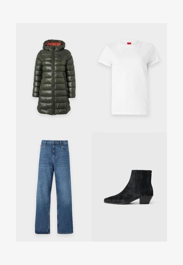 Gevoerde jas in olijfgroen met een glanzende afwerking, voorzien van een capuchon, frontale rits, zijzakken en contrasterende rode voering.; Witte T-shirt met korte mouwen, gemaakt van lichtgewicht katoen. Heeft een ronde hals en opgerolde mouwen. Rode merketiket op de kraag.; Blauwe denim jeans met hoge taille en wijd uitlopende pijpen, met een gladde textuur, minimale stikdetails en een klassieke vijfzakkenstijl.; Zwarte enkelboot met een spitse neus, textuur die lijkt op haar, ribbelpaneel aan de zijkant en een lage blokhak. Eenvoudig en modern ontwerp.