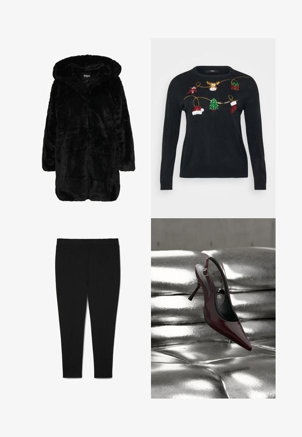 Manteau en fausse fourrure noire avec capuche, présentant une texture douce, des manches longues et une coupe décontractée. Le tissu a un aspect pelucheux et brillant.; Pull en tricot noir avec un design festif orné de décorations en sequins multicolores, comprenant des cadeaux, un sapin et des chapeaux de Noël.; Leggings noirs en tissu extensible, présentant une texture lisse et un design simple et épuré, sans poches ni embellissements.; Chaussure slingback à talon haut rouge foncé avec bout pointu reposant sur une surface matelassée argentée métallique brillante.
