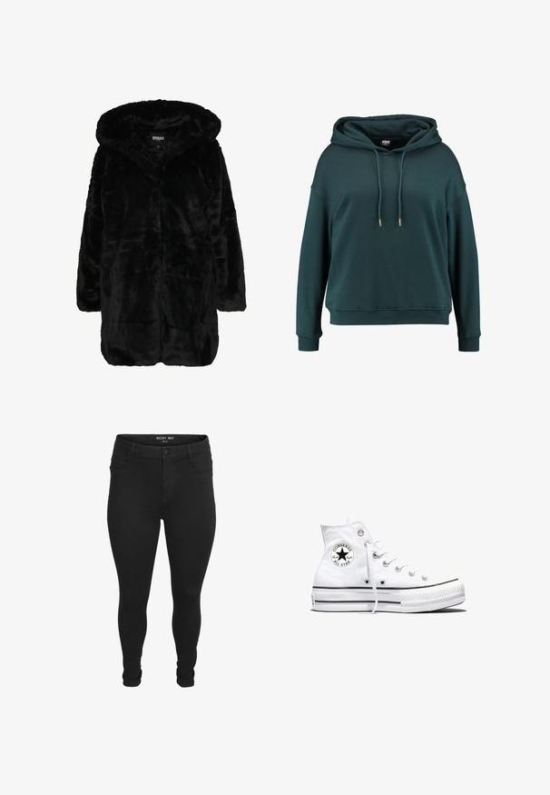 Manteau en fausse fourrure noire avec capuche, présentant une texture douce, des manches longues et une coupe décontractée. Le tissu a un aspect pelucheux et brillant.; Hoodie vert foncé en tissu doux, avec une poche kangourou à l'avant, des cordons de serrage réglables et des poignets et un ourlet côtelés.; Jean skinny noir avec fermeture à boutons et zip, poches avant et arrière, et passants de ceinture, présentés sur un fond blanc.; Baskets montantes blanches Converse Chuck Taylor All Star avec patch logo noir et lacets blancs, présentées sur fond blanc.