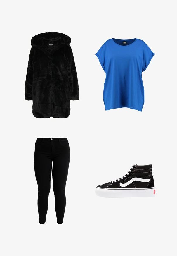 Sort faux fur frakke med hætte, der har en blød tekstur, lange ærmer og en afslappet pasform. Stoffet har et fyldigt, glinsende udseende.; Blå kortærmet t-shirt lavet af bomuld, der har en løs pasform, rund halsudskæring og en buet kant for komfort og bevægelsesfrihed.; Sorte højtaljede slim jeans med frontknap, bæltestropper og forlommer, vist mod en hvid baggrund.; Sorte høj-top sneakers med hvide snørebånd, et hvidt logo og kontrasterende hvid syning. Har en tyk hvid sål og struktureret ruskindsoverdel.