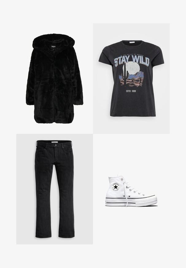Sort faux fur frakke med hætte, der har en blød tekstur, lange ærmer og en afslappet pasform. Stoffet har et fyldigt, glinsende udseende.; Sort bomulds t-shirt med et grafisk print af en ørken-scene med kaktusser, en måne og sætningen "STAY WILD" i blå skrifttype.; Sorte denimjeans med lige ben, der har et klassisk fem-lomme design, subtil vertikal tekstur og lukning med knap foran.; Hvid højtop Converse Chuck Taylor All Star-sneaker med sort logo-patch og hvide snørebånd, vist på hvid baggrund.