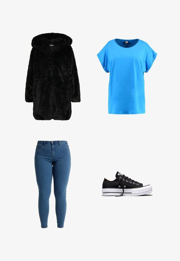 Manteau en fausse fourrure noire avec capuche, présentant une texture douce, des manches longues et une coupe décontractée. Le tissu a un aspect pelucheux et brillant.; T-shirt bleu à manches courtes en coton avec un col rond. Présente une coupe décontractée et une texture lisse ; unis sans motifs.; Jean skinny taille haute bleu avec poches avant et arrière, fermeture à bouton et passants de ceinture, présenté sur un fond blanc.; Baskets basses en toile noire avec semelle plateforme en caoutchouc blanche, lacets noirs et œillets métalliques sur fond blanc.