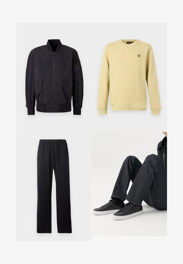Chaqueta bomber negra con cierre de cremallera en la parte delantera, dos bolsillos con botón a presión, puños acanalados y un parche de tela en la manga. Textura suave y mate.; Sudadera de cuello redondo color amarillo claro con mangas largas y un pequeño logo de un pájaro amarillo en el lado izquierdo del pecho.; Abercrombie & Fitch ESSENTIAL BAGGY OPEN HEM CASUAL - Pantalones deportivos - black; Persona sentada con las piernas dobladas, vistiendo vaqueros azul oscuro y zapatillas bajas negras con suelas blancas sobre un fondo blanco.
