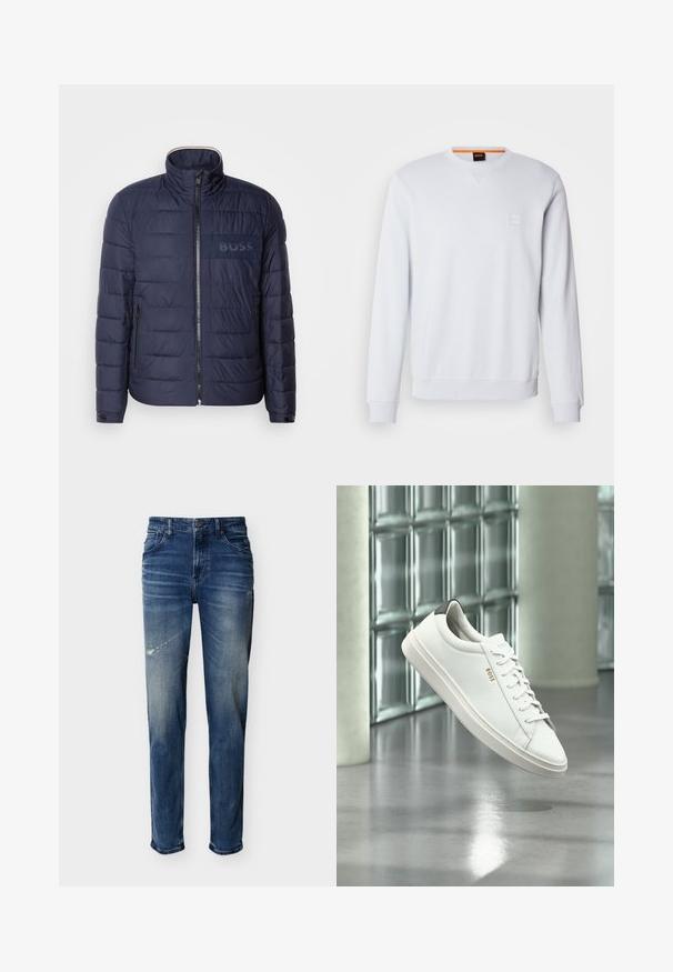 Navyblaue Steppjacke mit hohem Kragen, Reißverschluss, zwei seitlichen Taschen und einem strukturierten "BOSS"-Logopatch auf der Brust.; Weißes Sweatshirt mit langen Ärmeln, rundem Halsausschnitt und dezentem Logo-Patch. Glatte Textur sowie gerippte Bündchen und Saum für einen figurnahen Look.; Blaue Jeans aus Denim mit leichter Ausbleichung und Used-Effekten, Fünf-Taschen-Stil, gerade Beinform, Knopf- und Reißverschluss.; Weißer Leder-Low-Top-Sneaker mit Schnürsenkeln, schwarzer Fersenschlaufe und „BOSS“-Logo, der drinnen nahe einer Glassteinwand und einem polierten Boden schwebt.