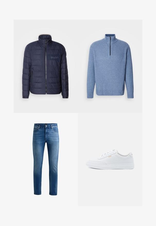 Veste matelassée bleu marine avec un col montant, fermeture éclair, deux poches latérales et un écusson logo 'BOSS' texturé sur la poitrine.; Pull en tricot côtelé bleu clair avec un col montant et une fermeture éclair partielle au niveau du cou ; il a des manches longues et un ourlet droit.; Jean en denim bleu à coupe slim, doté de cinq poches, d'une braguette zippée et d'un léger délavage à l'avant. Texture lisse et jambes droites.; Baskets blanches en cuir avec une texture lisse, bout rond et coutures tonales. Possède des lacets bleus et un logo doré sur le côté.