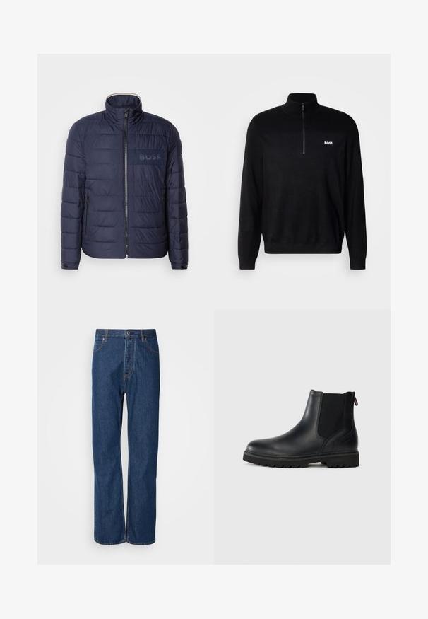 Navyblaue Steppjacke mit hohem Kragen, Reißverschluss, zwei seitlichen Taschen und einem strukturierten "BOSS"-Logopatch auf der Brust.; Schwarzer Pullover mit Halbzip-Kragen, der eine gerippten Struktur an den Schultern und ein kleines weißes "BOSS"-Logo auf der Brust aufweist.; Blaue Jeans aus Denim mit geradem Bein, ausgestattet mit einem Knopfverschluss, fünf Taschen und kontrastierenden Nähten entlang der Säume.; Schwarze Leder-Stiefelette mit elastischen Seiteneinsätzen, runder Spitze und einer robusten Gummisohle mit tiefem Profil für optimalen Halt.