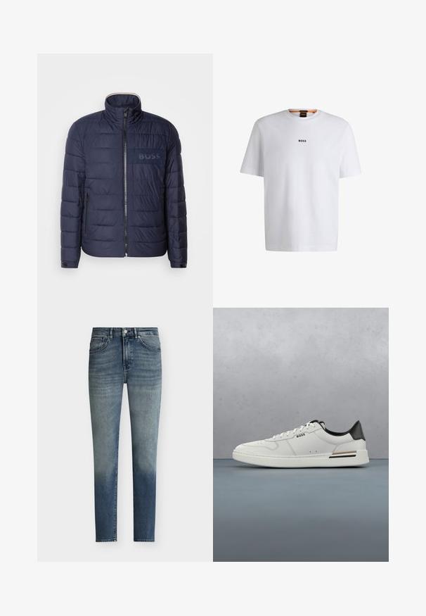Veste matelassée bleu marine avec un col montant, fermeture éclair, deux poches latérales et un écusson logo 'BOSS' texturé sur la poitrine.; T-shirt en coton blanc à manches courtes, avec un logo noir "BOSS" centré sur la poitrine et un design à col rond.; Jean bleu slim pour homme avec des détails subtils de délavage, fermeture par boutons et design cinq poches.; Sneaker basse blanche avec talon noir, fermeture à lacets, perforations subtiles et logo "BOSS" sur le côté, vue depuis le profil extérieur.