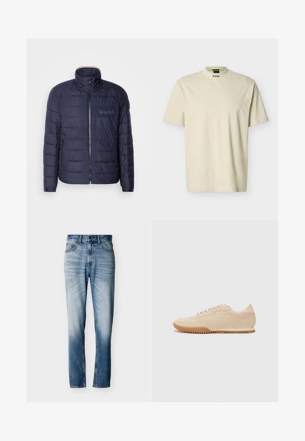 Veste matelassée bleu marine avec un col montant, fermeture éclair, deux poches latérales et un écusson logo 'BOSS' texturé sur la poitrine.; T-shirt beige à manches courtes avec col rond haut et texte "BOSS" imprimé sur le devant du col.; Jean bleu délavé à coupe droite avec cinq poches, fermeture par bouton et passants pour ceinture, présenté à plat sur fond blanc.; Baskets en daim beige au design épuré, présentant une tige texturée, un bout rond et une semelle en caoutchouc avec un motif en zigzag.
