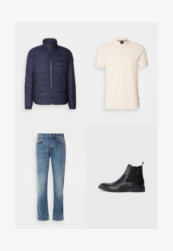 Navyblaue Steppjacke mit hohem Kragen, Reißverschluss, zwei seitlichen Taschen und einem strukturierten "BOSS"-Logopatch auf der Brust.; Beige Poloshirt aus Baumwolle mit Kragen und Knopfleiste mit zwei Knöpfen. Auf der Brust ist das Logo "BOSS" gestickt, kurze Ärmel, schlichtes Design.; Helle blaue Jeans aus Denim mit geraden Beinen, fünf Taschen, kontrastierenden Nähten und einem abgewetzten Finish. Verfügt über einen Knopf- und Reißverschluss.; Schwarze Leder Chelsea-Boots mit elastischen seitlichen Einsätzen, einer Zugschlaufe und einer flachen Gummisohle. Glatte Textur mit minimaler Ausgestaltung.
