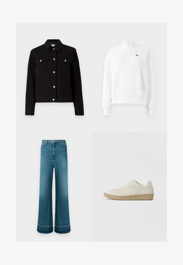 Veste en denim noir avec col à revers, boutons argentés, deux poches poitrine et design raccourci. Présente un logo de marque discret sur la poitrine.; Sweatshirt blanc à manches longues et fermeture éclair quart, avec des poignets et un bas côtelés, arborant un petit logo crocodile brodé en vert sur la poitrine.; Jean denim bleu taille haute à jambes larges, cinq poches, fermeture à boutons et légère décoloration près des ourlets.; Baskets en daim beige avec un design texturé, semelle en caoutchouc plate et couture latérale distincte. Bout arrondi et col rembourré.