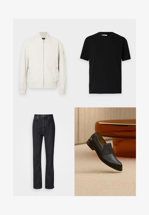Veste bomber gris clair avec fermeture éclair sur le devant, col et poignets côtelés, deux poches latérales et une poche zippée sur la manche gauche. Texture lisse.; T-shirt noir à manches courtes en coton avec un col rond et une coupe ample. Texture lisse, sans motifs ni logos visibles.; Jean en denim noir taille haute avec fermeture à bouton et à glissière, poches avant et arrière, et coupe droite.; Mocassin en cuir noir à talon bas flottant au-dessus d'un sol moquetté beige près d'une table ronde marron.