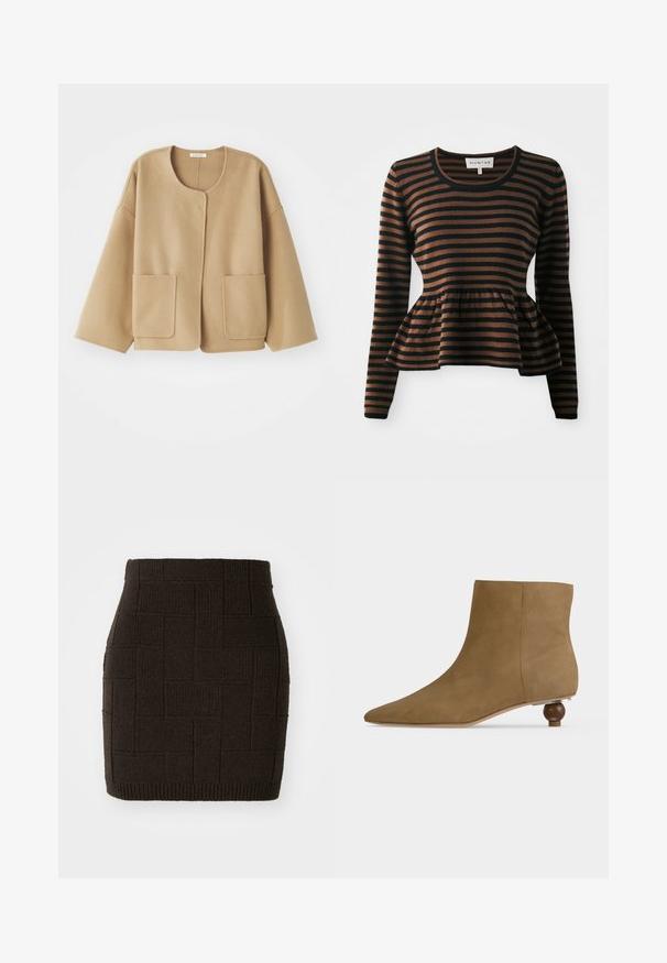 Beige, uld-blandet jakke med rund halsudskæring, sænkede skuldre og to frontlommer. Enkel, afslappet design med en glat tekstur.; Brun og sort stribet langærmet sweater med peplum kant, lavet af blødt stof, med rund udskæring og ribbede manchetter.; Strikket mørkebrun miniskørt med et tekstureret, vævet mønster og en tætsiddende talje. Bunden er ribbet for ekstra detaljer.; Tan ruskind ankelstøvle med spids tå og lav, rund træhæl på hvid baggrund.