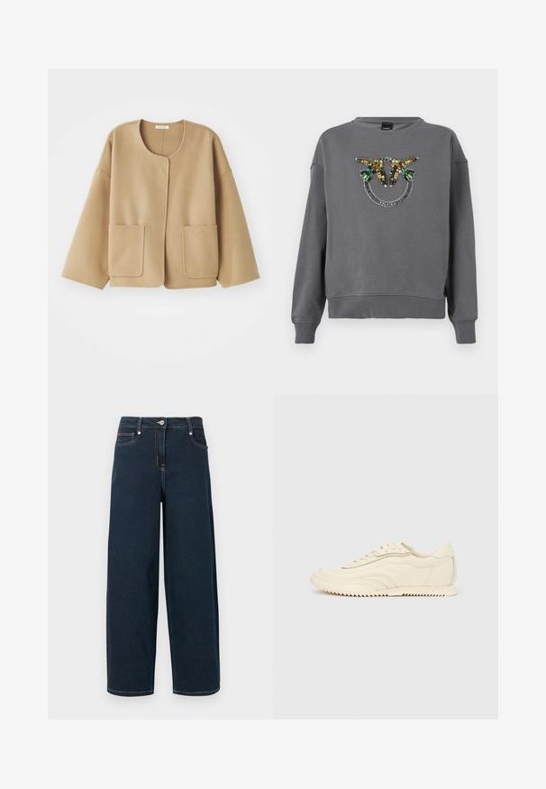 Beige, Wolle-Mischung Jacke mit Rundhalsausschnitt, fallenden Schultern und zwei Fronttaschen. Einfaches, lässiges Design mit glatter Textur.; Grauer Langarm-Sweatshirt mit bunten Paillettenvögeln, die sich über einer gebogenen Linie aus silbernen Perlen auf der Brust gegenüberstehen.; Dunkelblaue Jeans mit weitem Bein, vorn mit Knopf- und Reißverschluss sowie fünf Taschen.; Niedrig geschnittener, cremefarbener Sneaker mit wellenförmiger Naht, Schnürverschluss und einer profilierten Sohle, seitlich auf einem einfarbigen Hintergrund dargestellt.