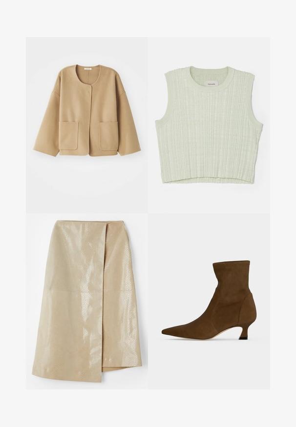 Beige, uld-blandet jakke med rund halsudskæring, sænkede skuldre og to frontlommer. Enkel, afslappet design med en glat tekstur.; Lys grøn ribbet tanktop med rund halsudskæring og uden ærmer. Blød tekstur med en let cropped længde. Mærke synligt indeni.; Beige faux læder nederdel med et glat, struktureret slangeskinds mønster; har et omslag design og en sideslids for ekstra detaljer.; Brun ankelstøvle med spids tå og lav kitten hæl, lavet af glat materiale, vist mod en ensfarvet baggrund.