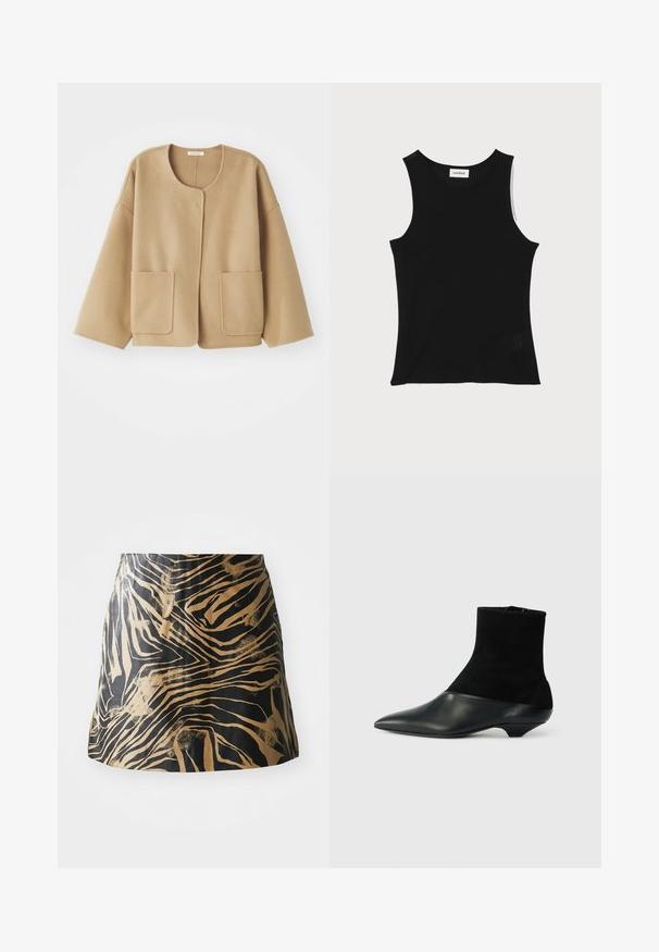 Beige, uld-blandet jakke med rund halsudskæring, sænkede skuldre og to frontlommer. Enkel, afslappet design med en glat tekstur.; Sort ribbet tanktop med rund halsudskæring og brede skulderstropper, med en subtil struktureret finish og en lille mesh-detalje ved kanten.; Sort og guld nederdel med zebra-stribe mønster, lavet af glat materiale med en tætsiddende pasform og høj talje design.; Sort ankelstøvle med en tekstureret ruskindsoverdel og en glat lædertå. Har en spids tå og et unikt lavt kilehælsdesign.