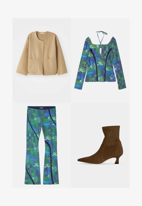 Beige, wollen blazer met een ronde halslijn, verlaagde schouders en twee voorzakken. Eenvoudig, ontspannen ontwerp met een soepele textuur.; Langsleeve top met een diepe halslijn, voorzien van abstracte blauwe en groene patronen, een striksluiting aan de achterkant en contrasterende zwarte accenten.; Legging gemaakt van multikleurige stretchstof met groene en blauwe patronen, geometrische vormen en donkerblauwe accenten langs de zijkanten.; Bruine enkellaars met spits toelopende neus en lage kittenhak, gemaakt van glad materiaal, getoond tegen een effen achtergrond.