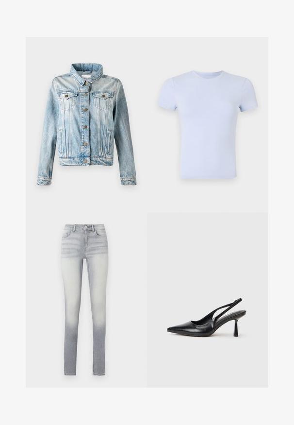 Lys blå denimjakke med krave, knaplukning, to brystlommer og sidelommer. Har en falmet finish og kontrasterende syninger.; Good American SUPER STRETCH BABY TEE - T-shirts basic - periwinkle; Lyseblå skinny jeans med en gradient vask, der har fem lommer, en lukning med knap foran og let falmede områder ved lårene.; Sort læderslagback højhælet sko med spids tå og slank hæl på en hvid baggrund.