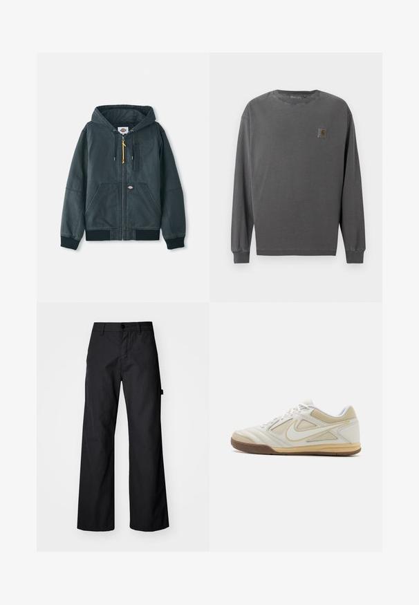 Zwarte opvouwbare hoodie-jack van canvasmateriaal. Voorzien van geribde manchetten, twee voorzakken en subtiele stiksels. Accent ritslip.; Langarmshirt van donkergrijze katoen. Heeft een ronde hals, elastische manchetten en een klein vierkant logo op de linkerborst.; Zwarte, wijde broek gemaakt van duurzaam materiaal. Voorzien van een knoopsluiting en zijzakken. Glad textuur met een strakke uitstraling.; Witte sportieve schoen met een textuur bovenwerk, grijze accenten, vetersluiting en een tan rubberen zool. Heeft een onderscheidend logo aan de zijkant.