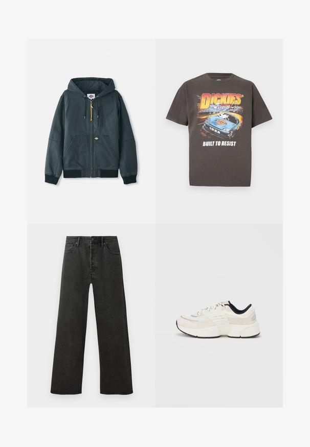 Chaqueta con capucha negra con cremallera, hecha de material de lienzo. Presenta puños acanalados, dos bolsillos frontales y sutiles detalles de costura. Tirador de cremallera de acento.; Camiseta de algodón gris con un diseño gráfico de un coche azul y el texto "DICKIES Service Crew" y "BUILT TO RESIST" en colores vibrantes.; Jeans de mezclilla negros de cintura alta, de pierna recta, con cierre de botón frontal, cremallera y diseño de cinco bolsillos sobre un fondo blanco.; Zapatillas deportivas ligeras en crema y negro, con partes superiores de ante y malla, suela acolchada y cordones texturizados a contraste.