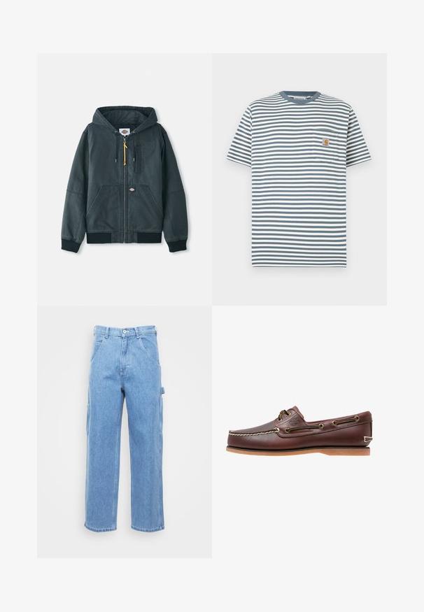 Chaqueta con capucha negra con cremallera, hecha de material de lienzo. Presenta puños acanalados, dos bolsillos frontales y sutiles detalles de costura. Tirador de cremallera de acento.; Camiseta de rayas en azul y blanco con cuello redondo, manga corta y un bolsillo en el pecho con una etiqueta de logo. Hecha de algodón.; Pantalones cargo de denim azul claro con pierna recta, bolsillos frontales y bolsillos laterales. La textura de la tela es suave con un acabado ligeramente desgastado.; Zapato náutico de cuero marrón con costuras blancas, detalles de cordones y suela de goma color coñac, mostrado de lado sobre un fondo blanco.