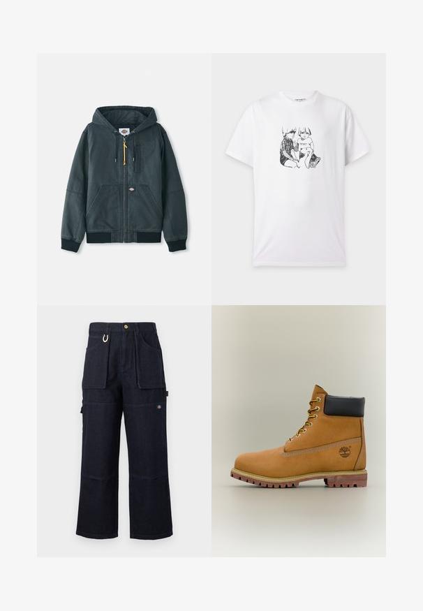 Zwarte opvouwbare hoodie-jack van canvasmateriaal. Voorzien van geribde manchetten, twee voorzakken en subtiele stiksels. Accent ritslip.; Wit t-shirt met een zwart-wit schets van twee zittende kinderen, één met een geruit overhemd en de ander een shirt met het Carhartt-logo.; Donkerblauwe, wijde denim werkbroek met grote voor- en zijzakken, knoopsluiting en een klein logoplaatje op het dijbeen.; Bruine leren enkellaars met zwarte kraag, gele veters en een zandkleurige zool. Voorzien van een logo en witte stikseldetails. Robuuste loopzool met grip.