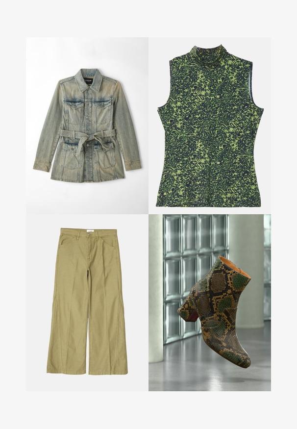 Veste en denim bleu clair, dotée d'un col, de poches avant à rabat, d'une taille ceinturée et de fermetures à boutons. La texture délavée ajoute du détail.; Top sans manches à col roulé avec un motif vert et bleu foncé, featuring un design texturé et organique. Tissu doux avec une coupe décontractée.; Pantalons larges en coton vert olive clair, avec une fermeture éclair, des poches avant et des coutures décoratives le long des coutures.; Une botte cheville unique marron et verte à motif peau de serpent avec talon bloc flottant au-dessus d'un sol en béton poli près d'un mur en briques de verre.