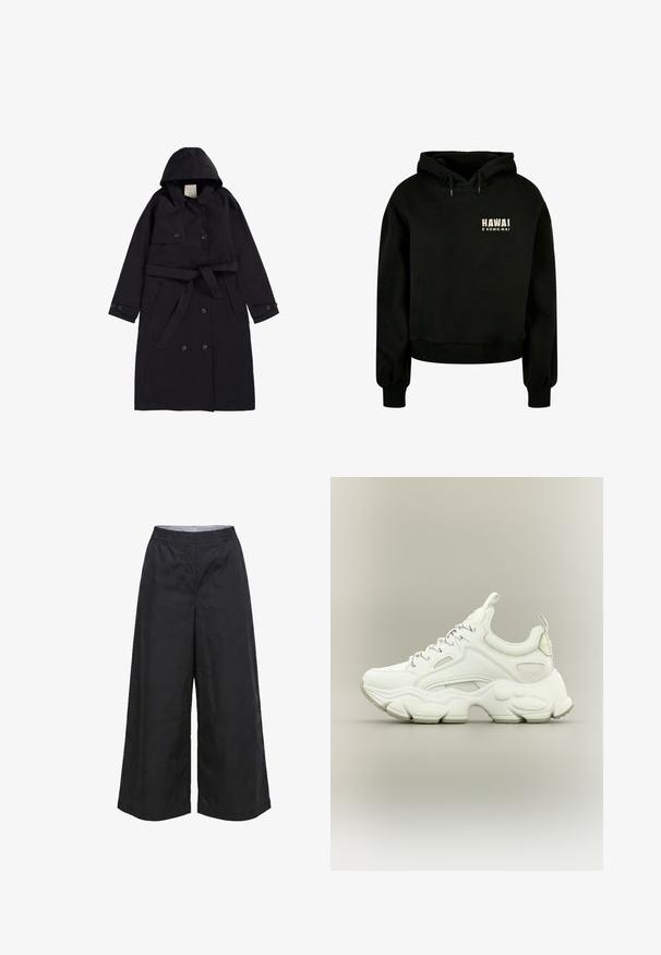 Sort trenchcoat lavet af glat stof, med hætte, dobbeltradet front med sorte knapper og en matchende bælt.; Sort cropped hoodie lavet af blødt bomuldsstof. Har en justerbar hætte og ribbede manchetter. Frontdesignet inkluderer teksten: "HAWAI E KOMO MAI."; Sorte vidde bukser med elastisk talje og mellemhøjt liv, lavet af letvægtsstof, egnet til afslappet brug.; Hvid chunky sneaker med tyk struktureret sål, mesh- og læderoverdel, snørelukning og trækstropper på tunge og hæl.