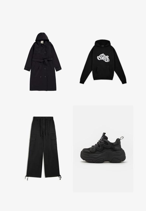 Sort trenchcoat lavet af glat stof, med hætte, dobbeltradet front med sorte knapper og en matchende bælt.; Pegador PALUMA OVERSIZED HOODIE - Sweatshirt - black; Sorte cargobukser med vidde ben, elastisk talje, snøre, store for- og sidelommer med klap og justerbare bånd ved benåbningerne.; Sorte sneakers med en chunky design, der har en tekstureret overdel, mesh-paneler og tyk gummisål. Reflekterende snørebånd og branddetaljer er synlige.