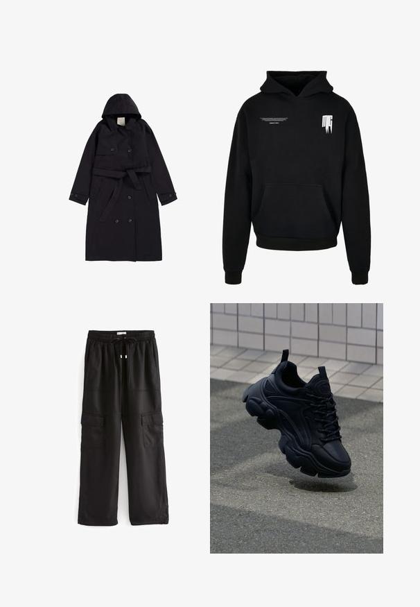 Sort trenchcoat lavet af glat stof, med hætte, dobbeltradet front med sorte knapper og en matchende bælt.; Sort hættetrøje med forlomme, lille hvid tekst på øverste venstre bryst og stiliseret "MG" logo på øverste højre bryst.; Sorte cargobukser med elastisk talje, snørejustering og flere frontlommer. Fremstillet af holdbart, glat stof.; Sort lædersneaker med et kraftigt design, der har en tykk sål, teksturerede paneler og sorte snørebånd. Svævende over en grå belægning.