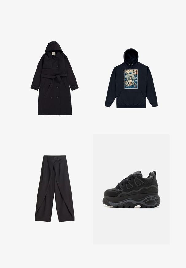 Schwarzer Trenchcoat aus glattem Stoff, mit Kapuze, doppelt-knöpfbarer Front mit schwarzen Knöpfen und einem passenden Gürtel.; Schwarzer Hoodie mit einem zentralen Grafikdruck, der eine japanisch inspirierte Illustration einer Figur zwischen Wellen und Wolken zeigt. Kordeln an der Kapuze.; Schwarze Hose mit weitem Bein, überlappenden Vorderteilen und zwei Knöpfen am Bund, flach auf weißem Hintergrund präsentiert.; Buffalo Skateschuh - black