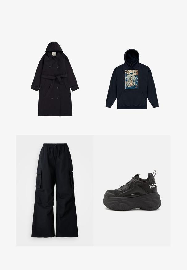 Zwarte trenchcoat van soepel stof, met een capuchon, een dubbelzijdige voorkant met zwarte knopen en een bijpassende riem.; Zwarte hoodie met een centrale grafiek van een Japanse stijl illustratie van een figuur te midden van golven en wolken. Koordjes bij de capuchon.; Zwarte cargobroek met wijde pijpen, elastische tailleband, verstelbaar trekkoord en twee steekzakken. Gemaakt van een gladde, lichte stof.; Dikke zwarte sneakers met een bovenwerk van mesh en leer, een dikke rubberen zool en opvallende branding aan de zijkant. Voorzien van veters en een trekband.