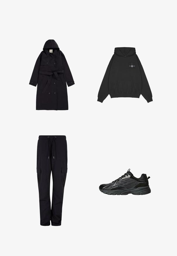 Sort trenchcoat lavet af glat stof, med hætte, dobbeltradet front med sorte knapper og en matchende bælt.; Pegador Hættetrøje - washed black; Sorte cargo bukser lavet af blødt stof, med en elastisk talje og snore, samt sidelommer. Lige ben-design.; Sorte atletiske sko med et blandet materialedesign bestående af ruskind og mesh, teksturerede detaljer, polstret krave og en holdbar gummisål.