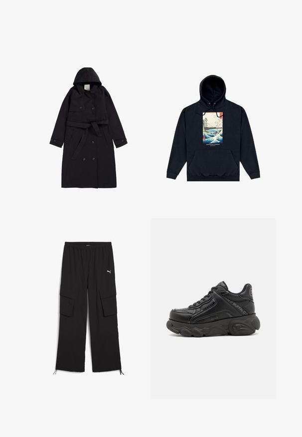 Abrigo negro de trench fabricado en tejido suave, que presenta una capucha, un frente de doble botonadura con botones negros y un cinturón a juego.; Sudadera negra con capucha y bolsillo frontal, con un estampado colorido de olas y paisaje al estilo japonés etiquetado como "Ashmolean Museum Oxford."; Pantalones cargo negros con un diseño de pierna ancha, cintura elástica, dos bolsillos laterales y dobladillos con cordón. Presenta un pequeño logo blanco.; Zapatilla negra con plataforma gruesa, suela texturizada, cordones delanteros y detalles con marca en el lateral y el talón.
