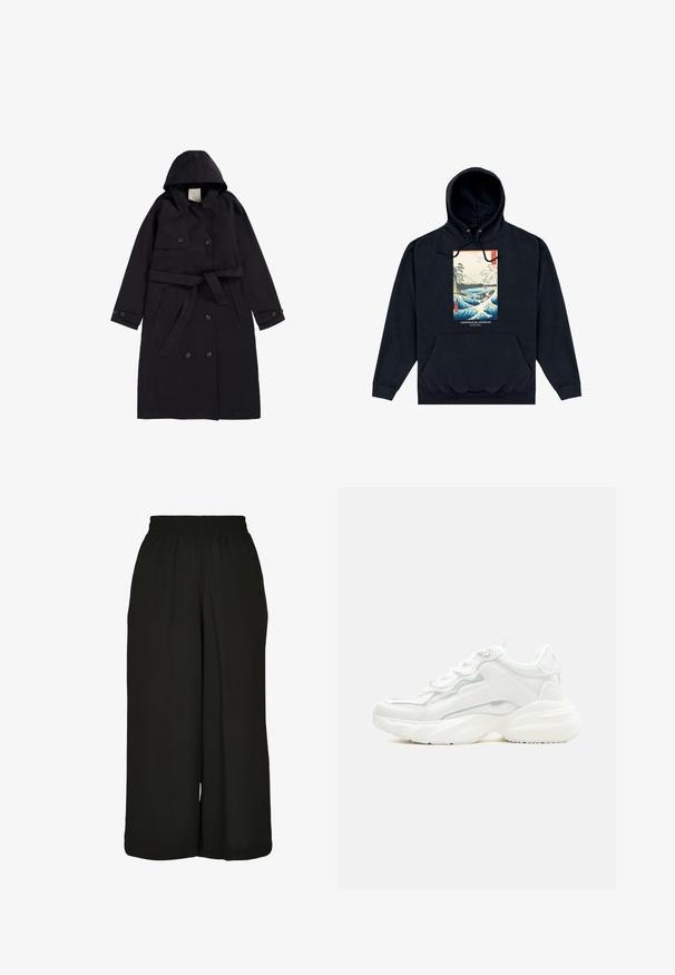 Zwarte trenchcoat van soepel stof, met een capuchon, een dubbelzijdige voorkant met zwarte knopen en een bijpassende riem.; Zwarte capuchontrui met voorzak, met een kleurrijke Japanse golf- en landschapprint met het label "Ashmolean Museum Oxford."; Zwarte wijde broek met een elastische tailleband, gemaakt van een gladde stof met minimale textuur en zonder extra patronen of accenten.; Witte chunky sneaker met dikke zool, veters aan de voorkant en een glad bovenwerk van synthetisch materiaal met subtiele stikdetails.